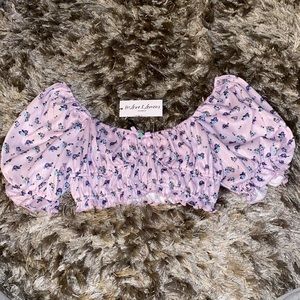 (M) For Love & Lemons purple floral Lola Pointelle Crop Top